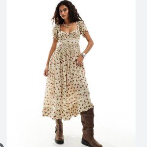 Free People Women's Bali Juniper Floral Print Ruffled Midi Dress Size 2